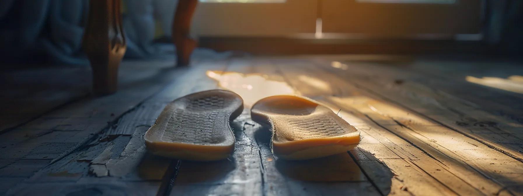 a pair of supportive insoles, carefully placed inside a pair of worn-out shoes, offering relief and comfort for common foot issues like plantar fasciitis and arch pain.