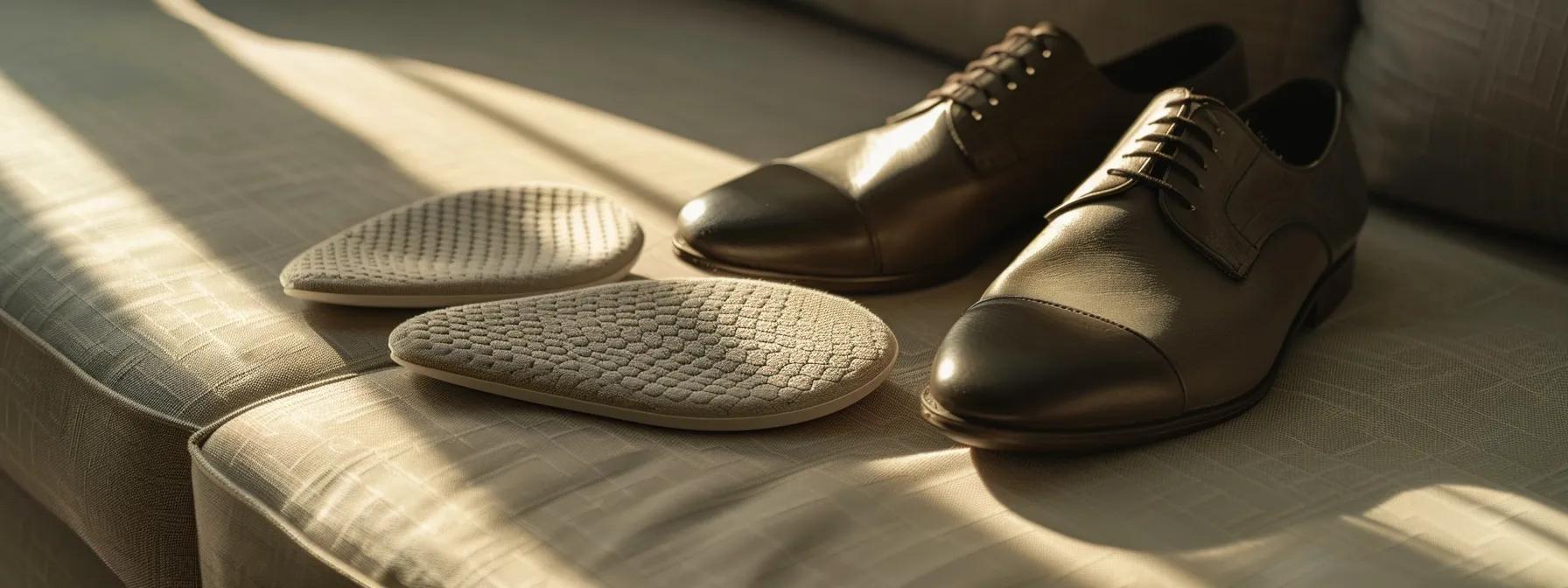 a pair of supportive memory foam insoles resting next to a pair of comfortable footwear, highlighting the importance of foot support for improved foot health and well-being.