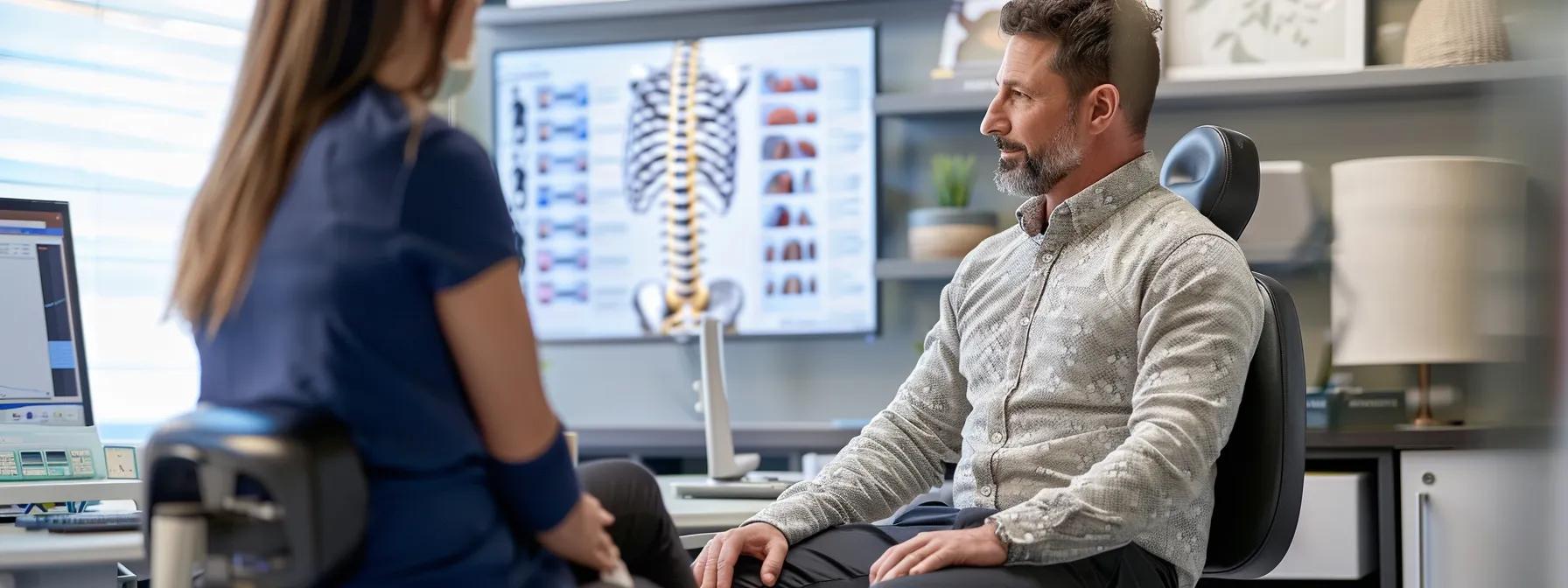 a patient sitting in a modern chiropractic office, engaged in a consultation with the chiropractor, surrounded by charts and diagrams showcasing the spine.