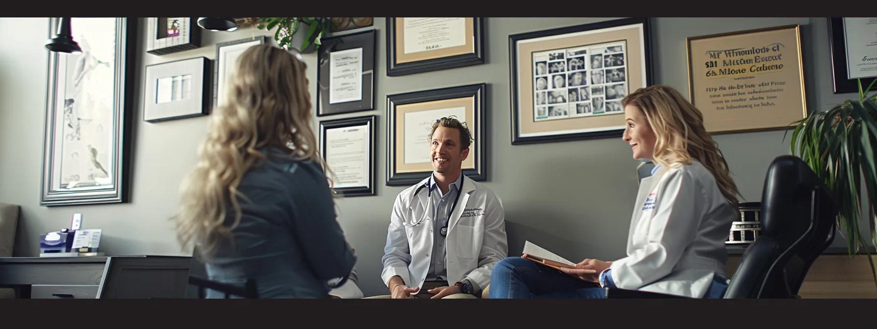 a patient sitting in a modern chiropractic office, surrounded by glowing testimonials and diplomas, engaging in a conversation with a knowledgeable chiropractor.