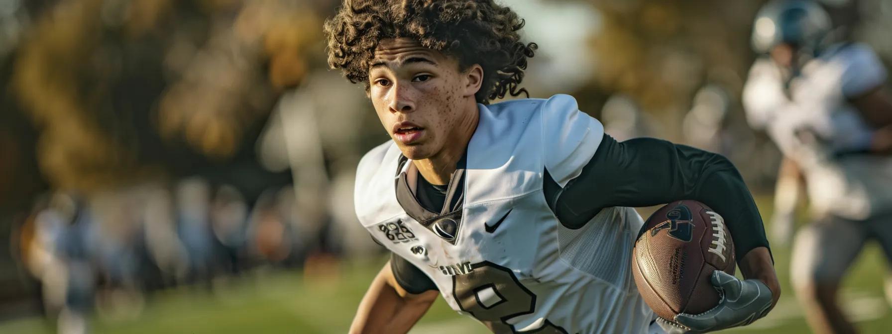 an elite football player demonstrating improved agility and speed on the field after receiving regular preventive chiropractic care.