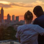 a chiropractor gently adjusting a patient's spine against the backdrop of the vibrant city of atlanta.