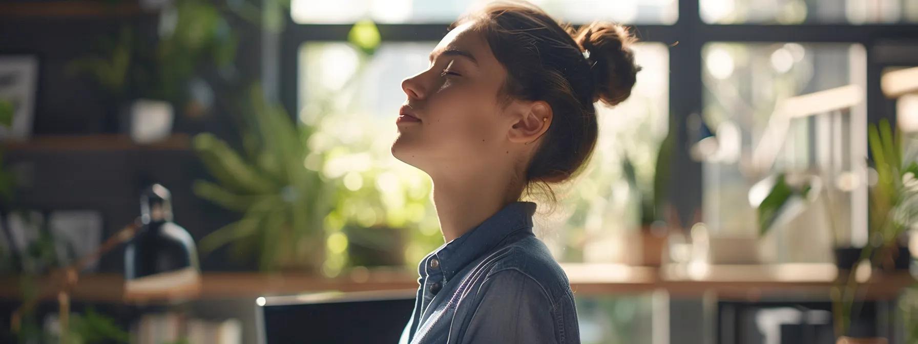 a person in a modern, ergonomic office setup practicing neck exercises with a focused and determined expression.