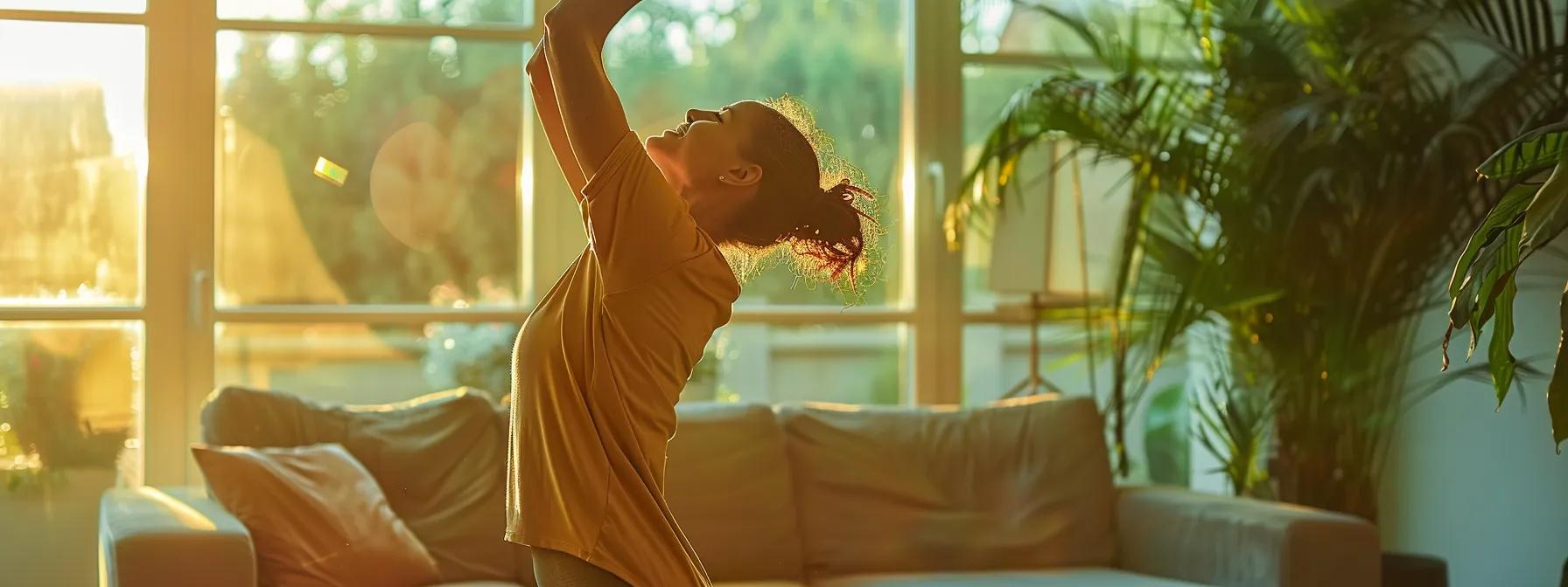 a person stretching and exercising at home with a supportive community group in the background.