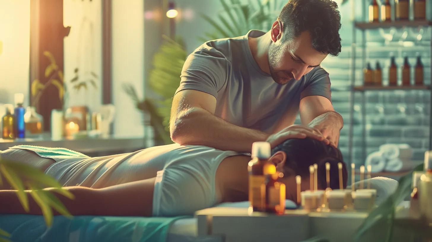 a chiropractor performing a spinal manipulation on a patient, surrounded by massage oils and acupuncture needles in a serene, holistic treatment room.