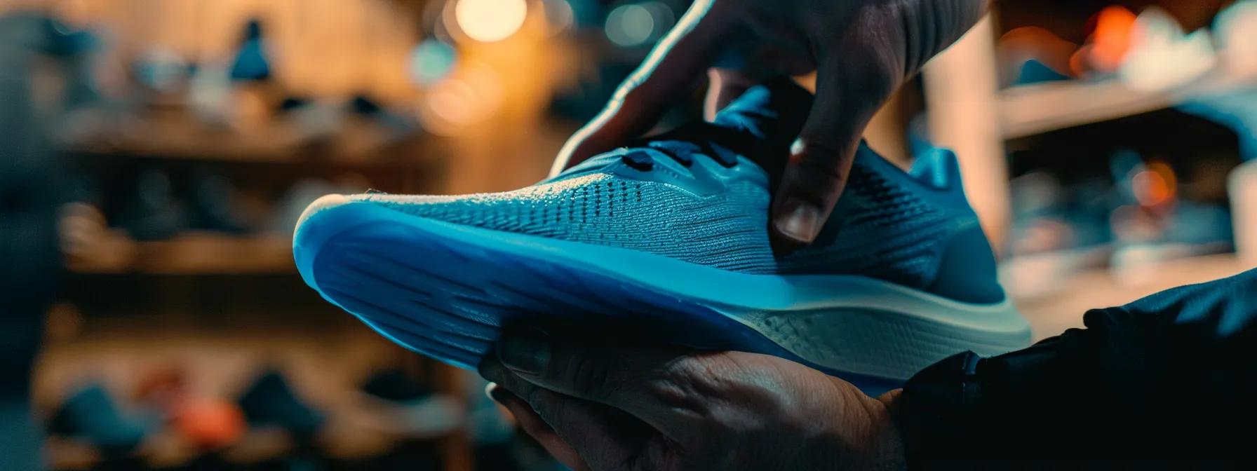 inserting blue orthotic insole into a sneaker for optimal support and comfort.