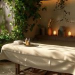 a serene spa room bathed in soft, natural light, featuring a plush massage table surrounded by calming greenery and fragrant candles, embodying tranquility and the healing essence of massage therapies.