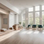 a serene and inviting chiropractic clinic in atlanta, bathed in warm natural light, featuring a soothing treatment area with a modern, minimalistic design that promotes wellness and relaxation.