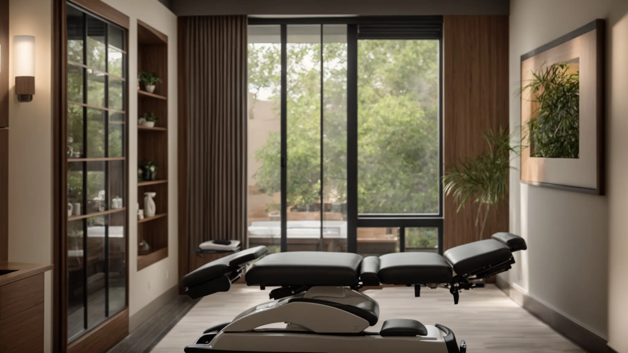 a serene chiropractic clinic in atlanta, featuring a warm, inviting treatment room with soothing natural light, showcasing specialized chiropractic tools and a comfortable adjustment table, symbolizing personalized wellness and healing.