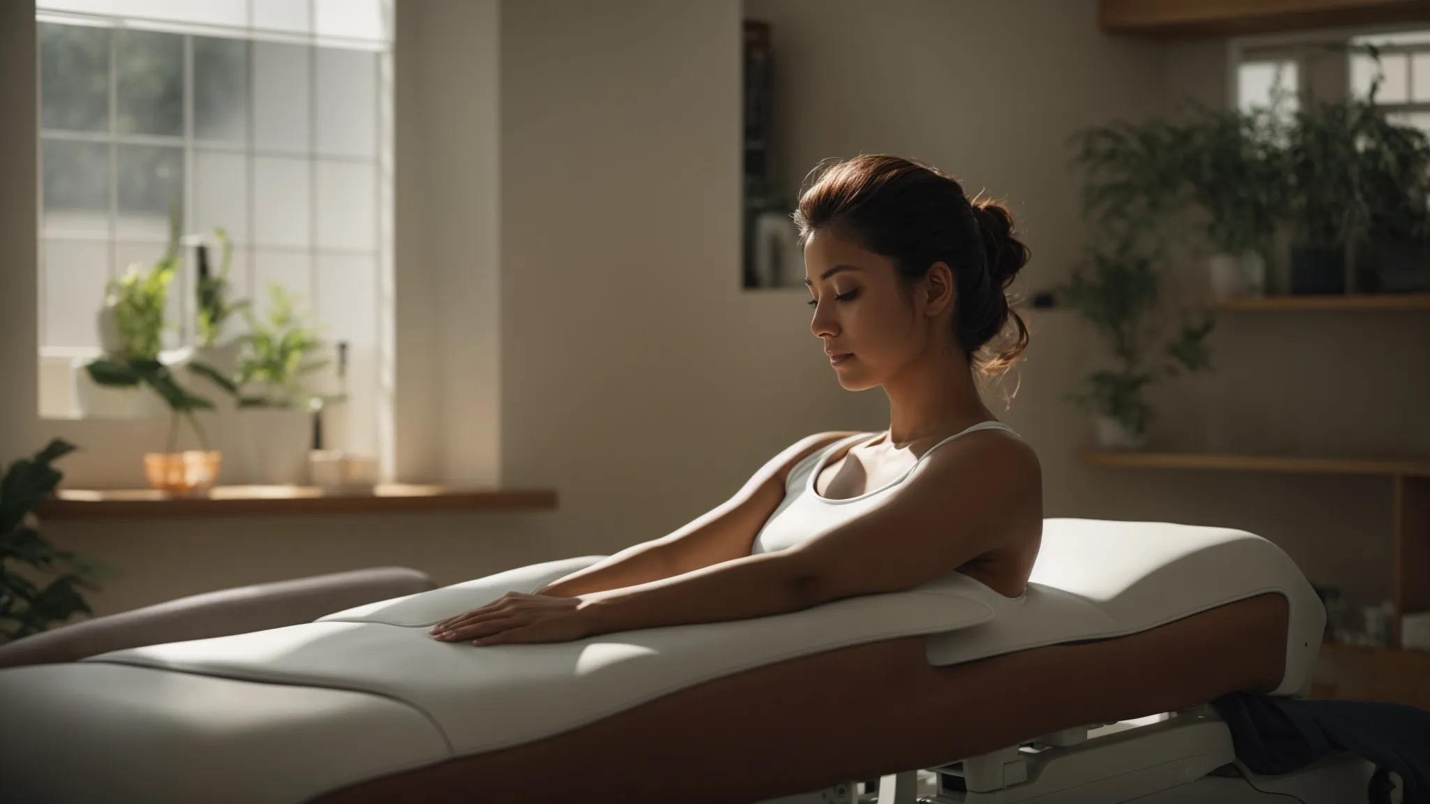 a serene chiropractic clinic scene features a patient relaxed on an adjustment table, bathed in soft, natural light, symbolizing the healing power of spinal therapy and holistic wellness.