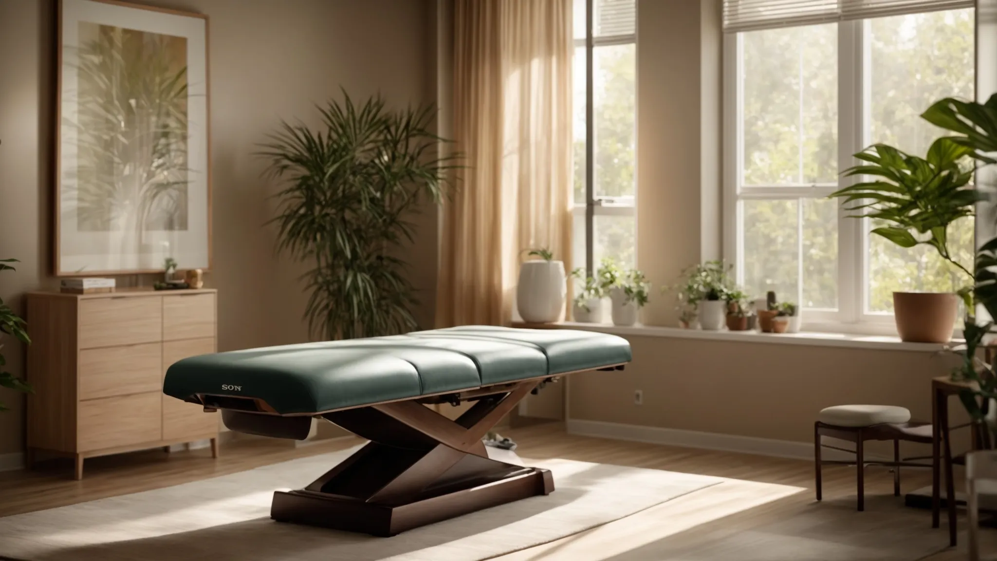 a serene chiropractic office bathed in warm, natural light, featuring a poised and content individual receiving care on an elegant treatment table, symbolizing the harmony of wellness and holistic health.