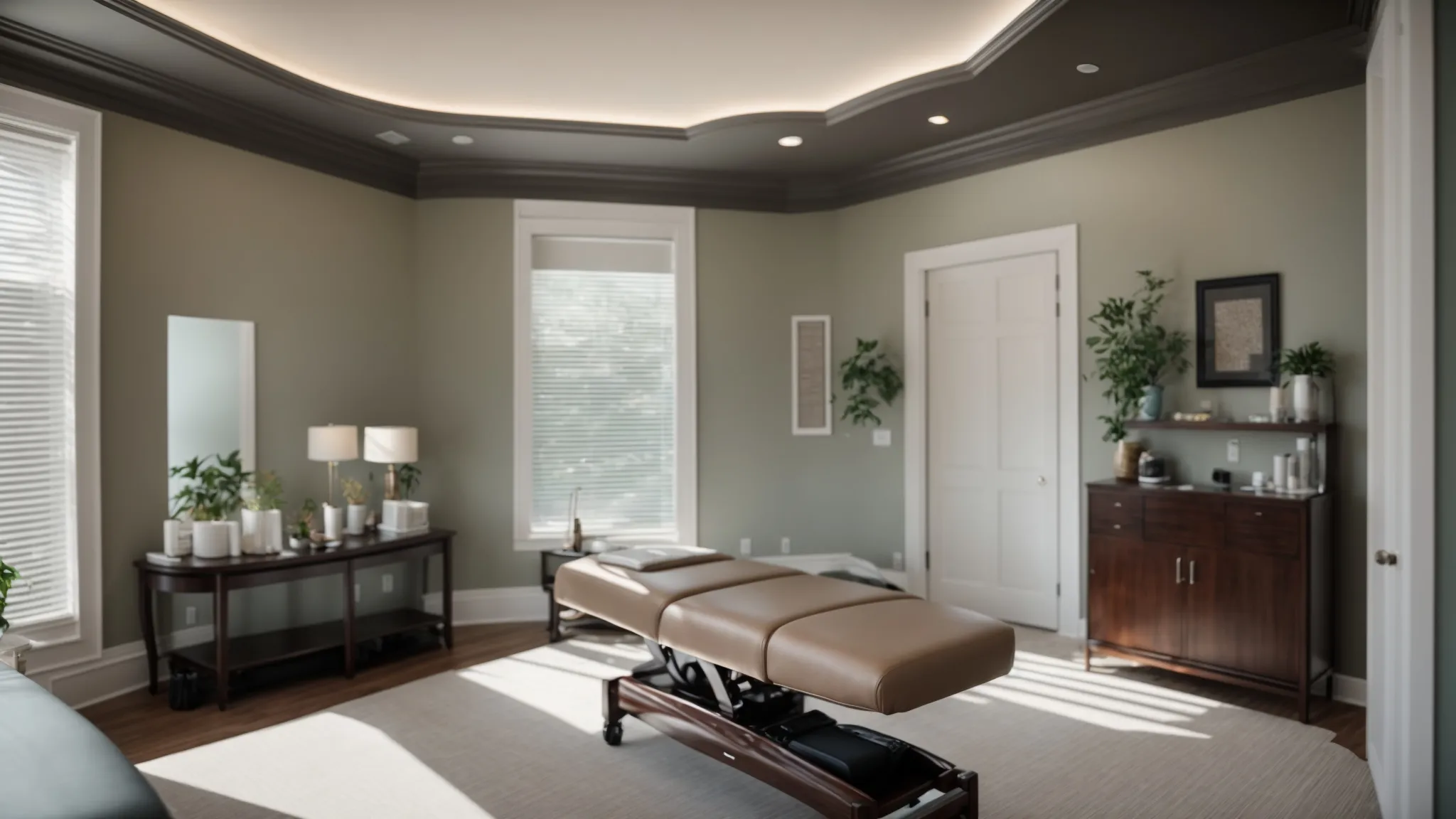 a serene chiropractic office in atlanta, illuminated by soft natural light, showcasing a diverse range of healing treatments with harmonious elements of acupuncture tools, a massage table, and a nutrition consultation area, all emphasizing holistic wellness.