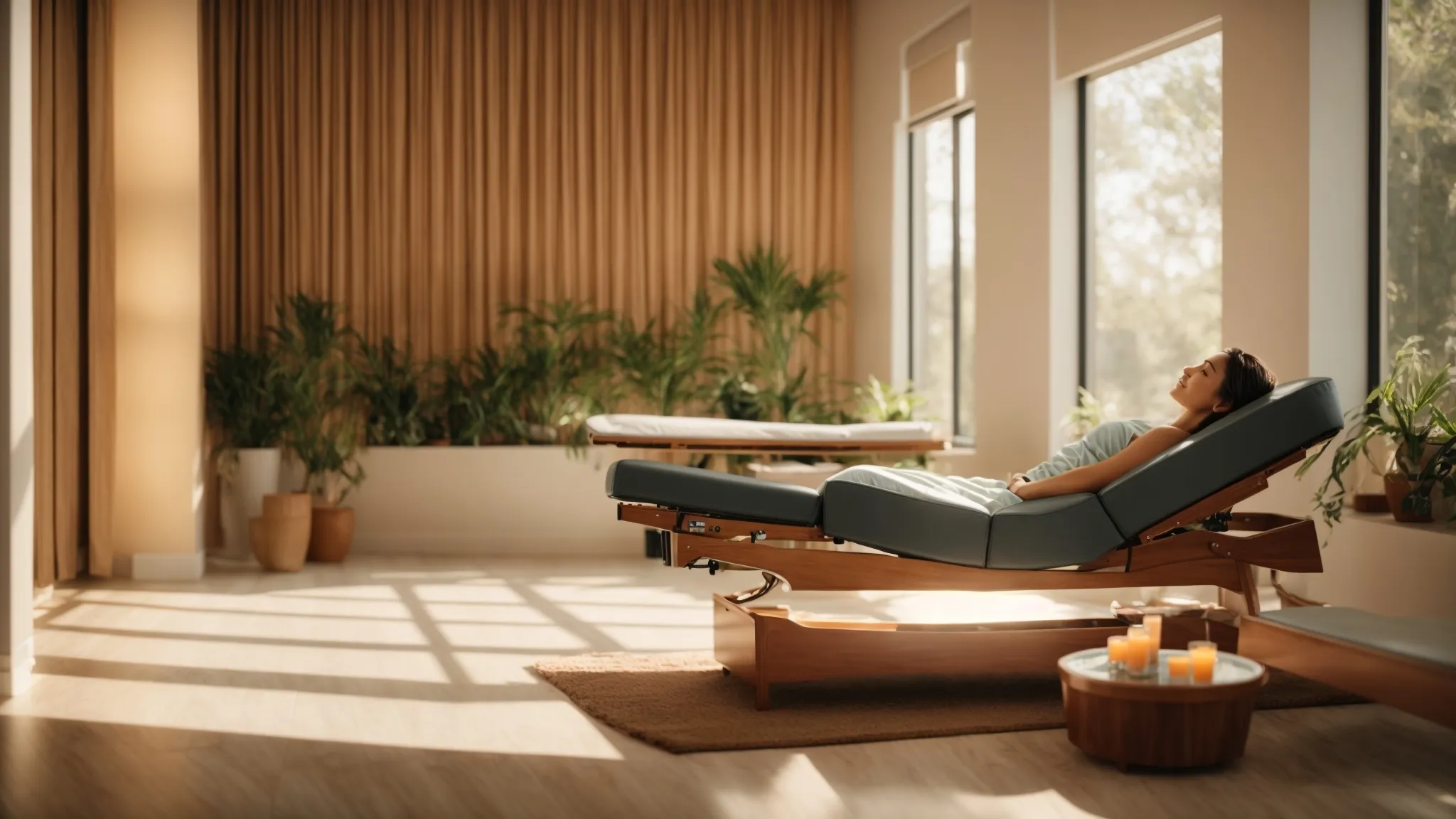 a serene image of a joyful patient reclining comfortably in a softly lit chiropractic studio, surrounded by calming natural elements, embodying the transformative power of holistic healing.