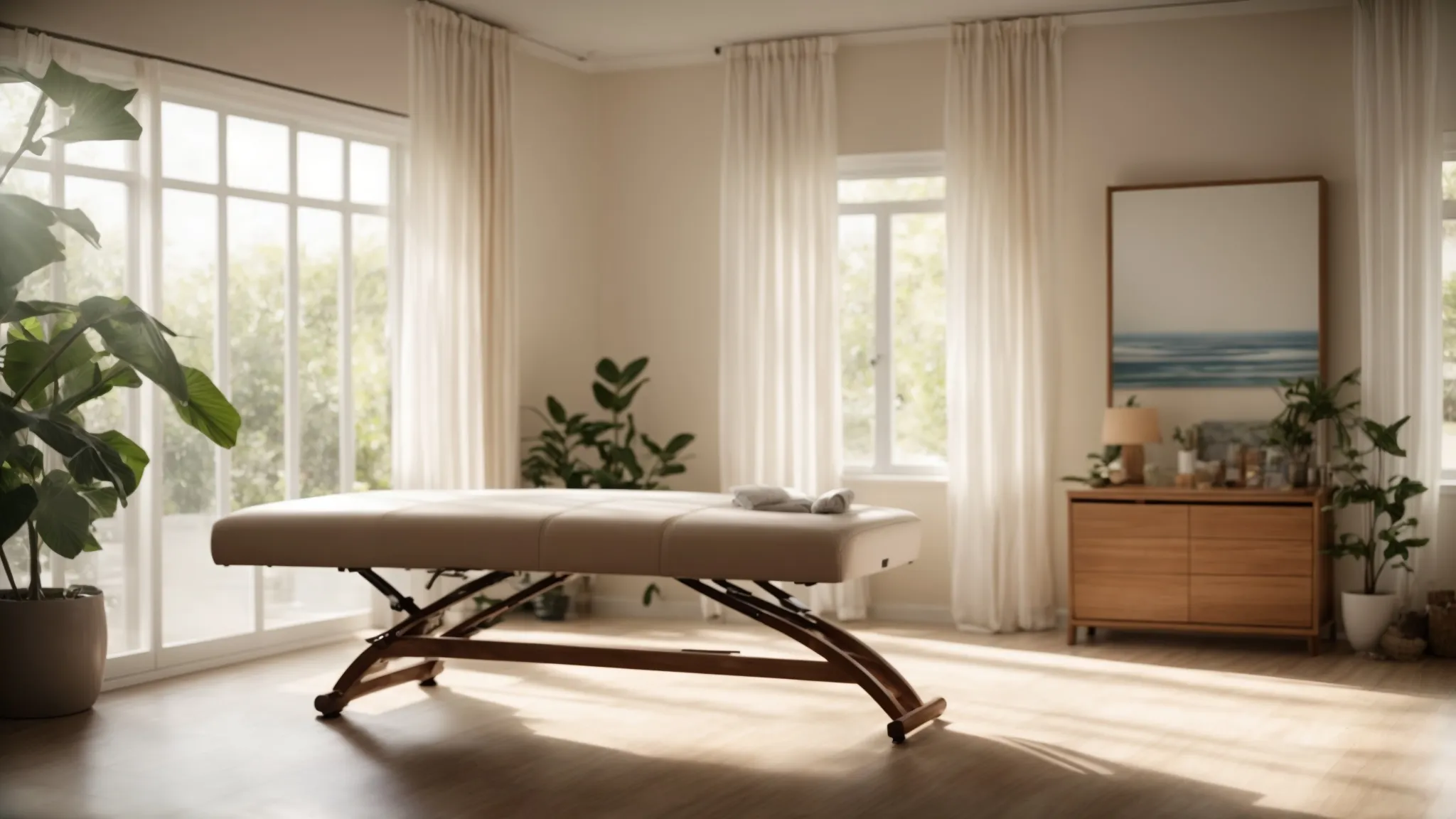 a serene, softly lit chiropractic therapy room featuring a comfortable treatment table surrounded by calming natural elements, emphasizing the harmony between mind and body for holistic healing.