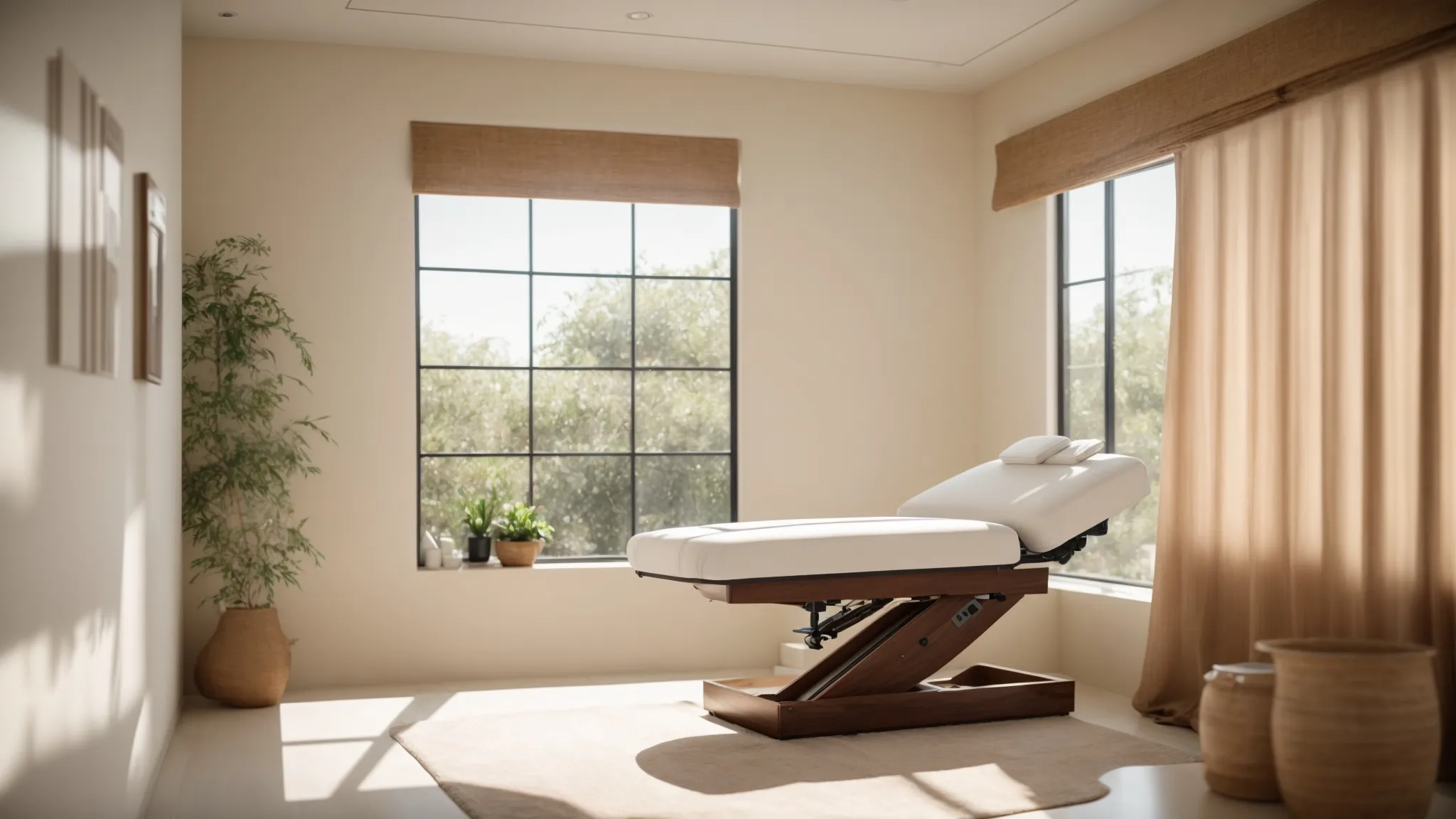 a serene treatment room bathed in soft, natural light, featuring a comfortable treatment table and essential therapy tools, symbolizing personalized care and holistic approaches to back pain relief.