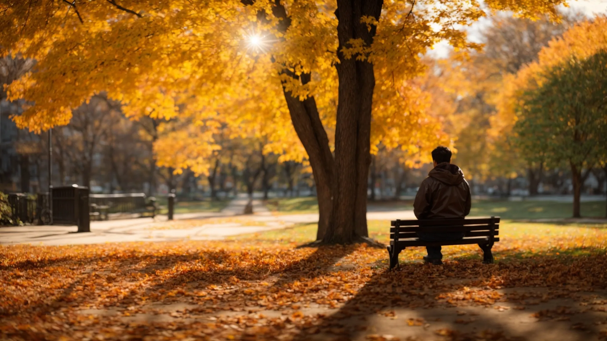 a somber yet insightful scene captures a person sitting on a bench in a sunlit park, reflecting on their struggle with back pain, surrounded by vibrant autumn leaves that symbolize the challenges and the beauty of overcoming adversity.