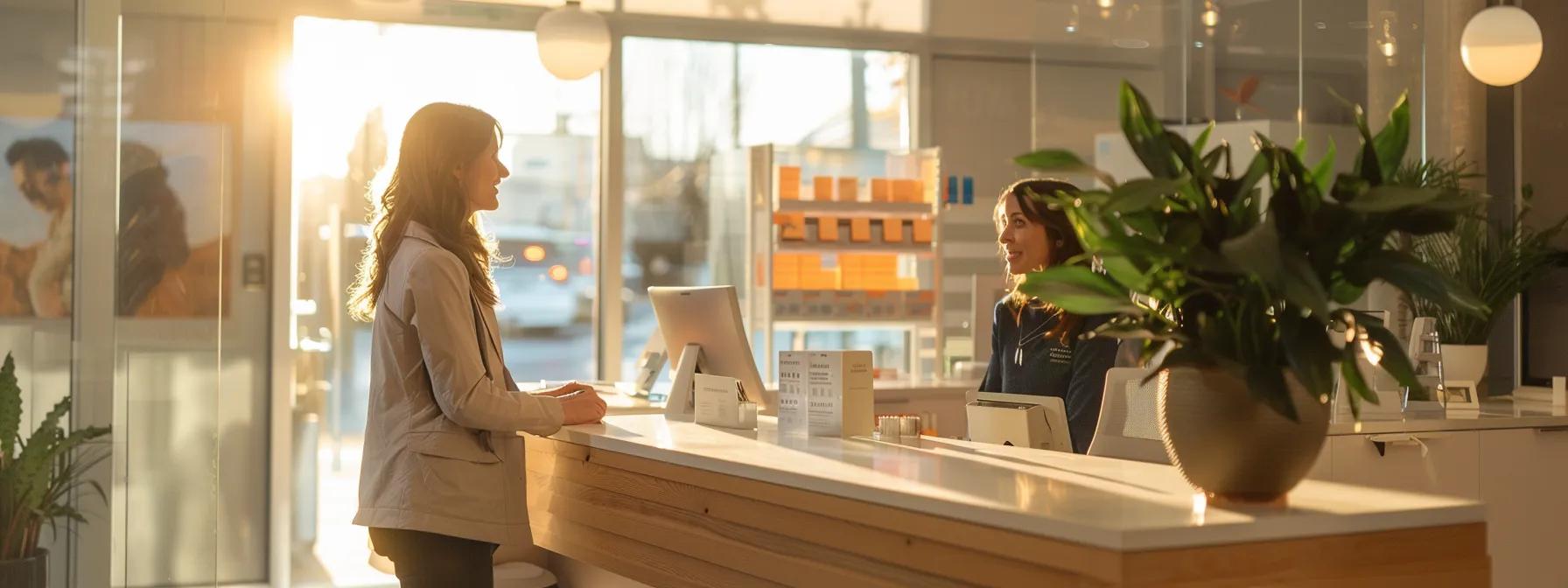 a bright, modern chiropractic clinic featuring a sleek front desk with a digital scheduling screen, where a patient happily interacts with a friendly staff member, reflecting the ease of the streamlined appointment process.