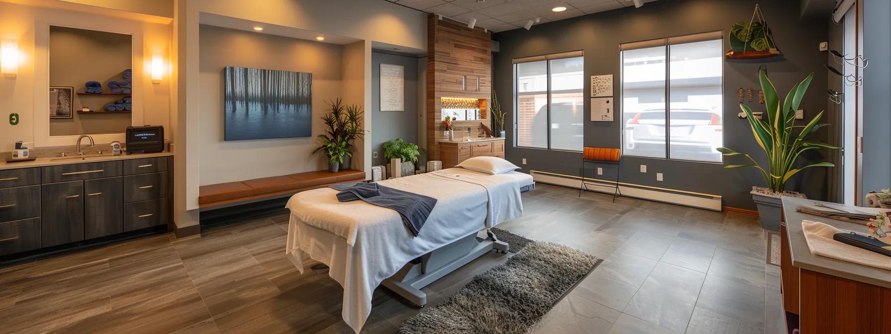 a modern, inviting chiropractic and massage studio bustling with warmth, showcasing dr. zach and therapist will expertly engaging with clients in a vibrant, well-designed interior that emphasizes individualized care and advanced techniques, highlighting their commitment to pain relief and community well-being.